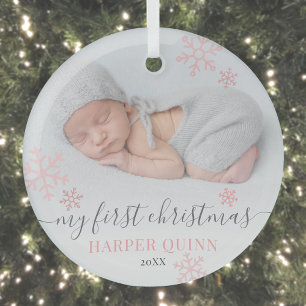 Girl Baby First Christmas Photo Glass Ornament
