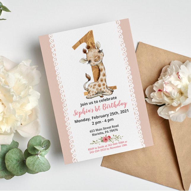Girl Baby Giraffe 1st Birthday Invitation (Creator Uploaded)