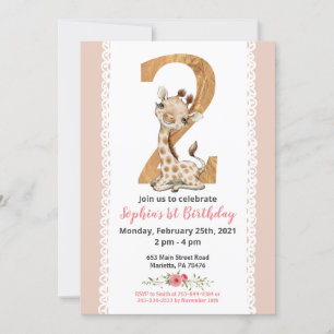 Girl Baby Giraffe 2nd Birthday Invitation