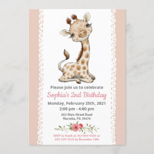Girl Baby Giraffe Birthday Party Invitation