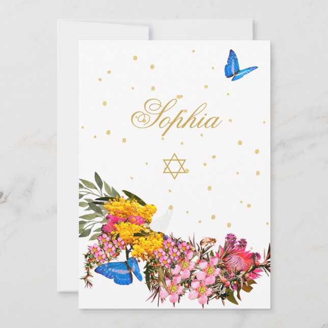Girl Baby Hebrew Naming Ceremony Floral Butterfly Invitation (Back)