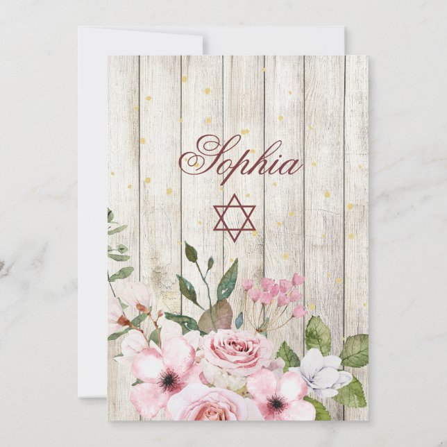 Girl Baby Hebrew Naming Ceremony Rustic Floral  Invitation (Back)