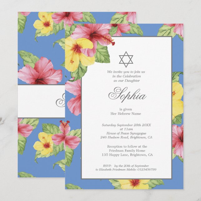 Girl Baby Naming Blue Hebrew Floral Blue Invitation (Front/Back)