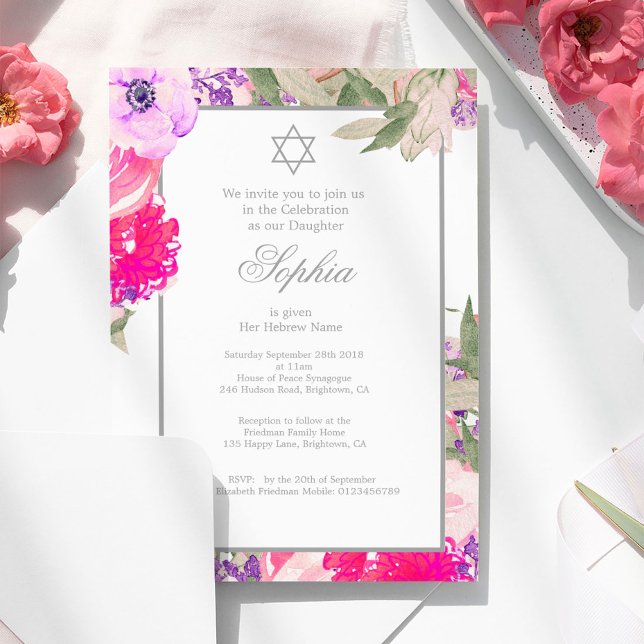 Girl Baby Naming Ceremony Hebrew Floral Silver Invitation (Creator Uploaded)