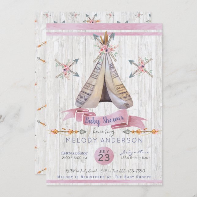 Girl Baby Pink Shower Boho Chic Teepee & Arrows Invitation (Front/Back)