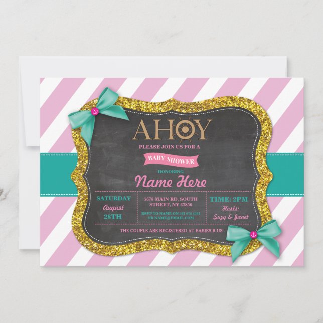Girl Baby Shower Ahoy Bows Cute Stripe Pink Invite (Front)