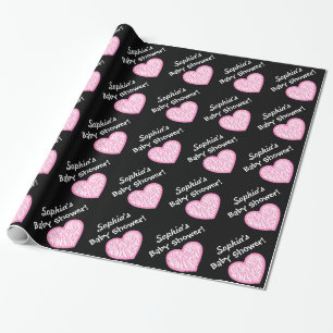 GIRL Baby Shower Custom Name Pink Zebra Heart 2 Wrapping Paper