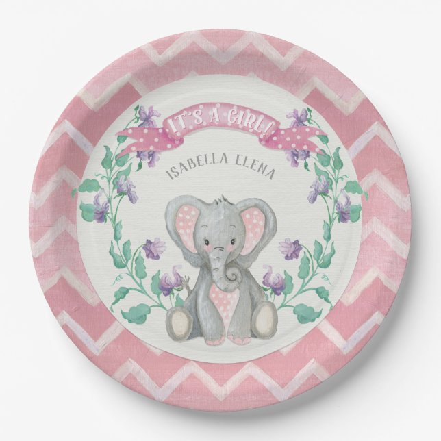 Girl Baby shower Cute Elephant Sweet Peas Chevron Paper Plate (Front)