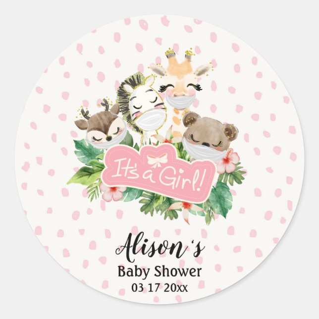 Girl Baby Shower | Cute Gold Safari Animal Friends Classic Round Sticker (Front)