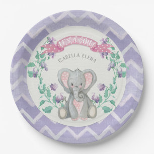 Girl Baby shower Elephant Adorable Elephant Floral Paper Plate