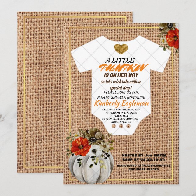 Girl Baby Shower Fall Pumpkin Rustic Burlap Wood   Invitation (Front/Back)