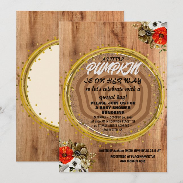 Girl Baby Shower Fall Pumpkin Rustic Burlap Wood  Invitation (Front/Back)
