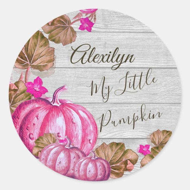 Girl Baby Shower Grey Wood Autumn Pink Pumpkin Cla Classic Round Sticker (Front)