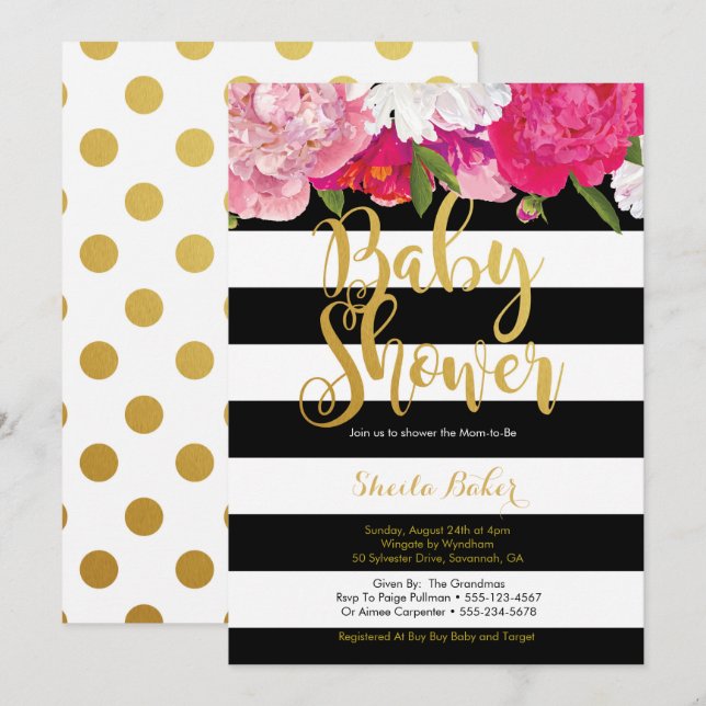 Girl Baby Shower Invitation - Floral Black White (Front/Back)