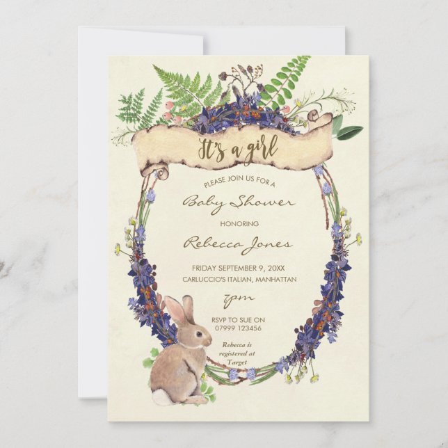 girl baby shower invitation forest rabbit bunny (Front)