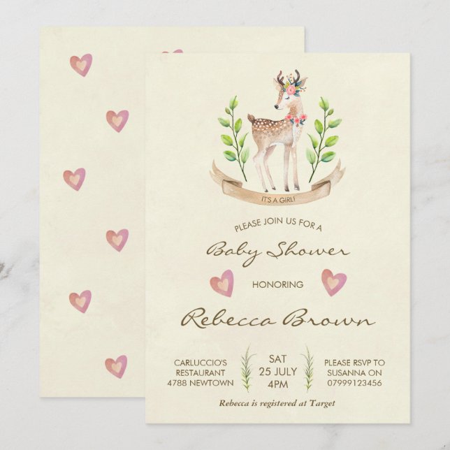 girl baby shower invitation woodland forest deer (Front/Back)