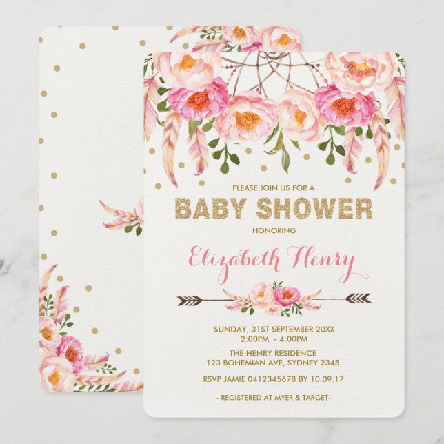 Girl Baby Shower Invite Pink Gold Boho Flowers (Front/Back)