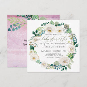Girl Baby Shower Lavender and White Roses Wreath Invitation