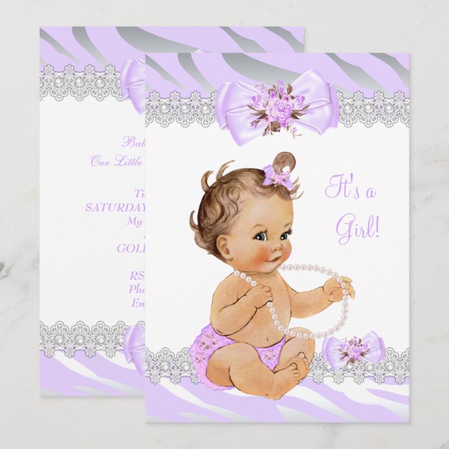 Girl Baby Shower Lilac Zebra Lace Light Brunette Invitation (Front/Back)