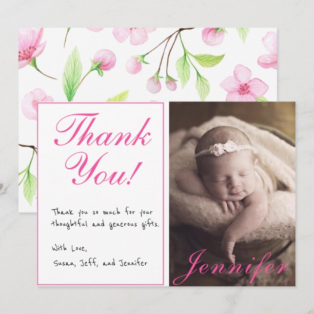 Girl Baby Shower Photo Handwritten Thank You Card (Front/Back)