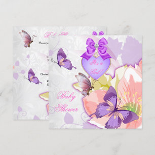 Girl Baby Shower Pink Butterfly Purple Floral 2 Invitation