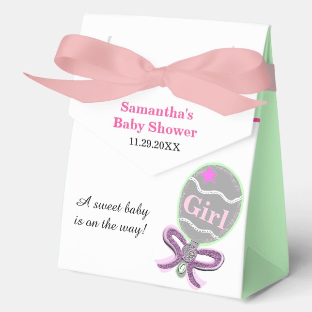 Girl Baby Shower Pink Green Rattle  Favor Box (Front)