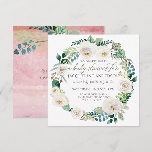 Girl Baby Shower Pink n White Roses Leaf Wreath Invitation (Front/Back)
