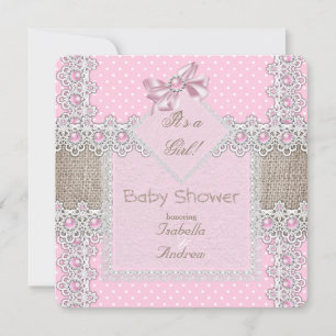 Girl Baby Shower Pink Pearl Bow Lace Polka Dots Invitation