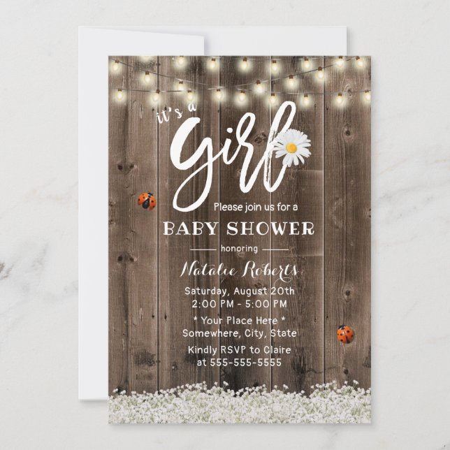 Girl Baby Shower Rustic Daisy Baby's Breath Flower Invitation (Front)