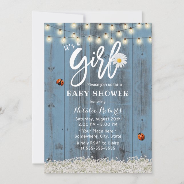 Girl Baby Shower Rustic Flowers Dusty Blue Wood Invitation (Front)