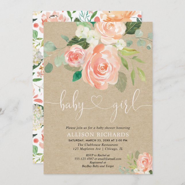Girl baby shower rustic kraft peach greenery invitation (Front/Back)