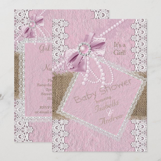 Girl Baby Shower Rustic Pink Bow Pearl Lace Burlap Invitation (Front/Back)