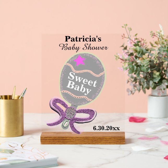 Girl Baby Shower Silver Pink Rattle  Acrylic Sign (Wedding)