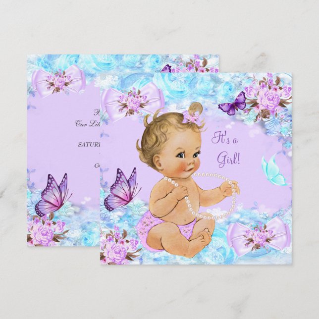 Girl Baby Shower Teal Purple Butterfly Blonde Invitation (Front/Back)