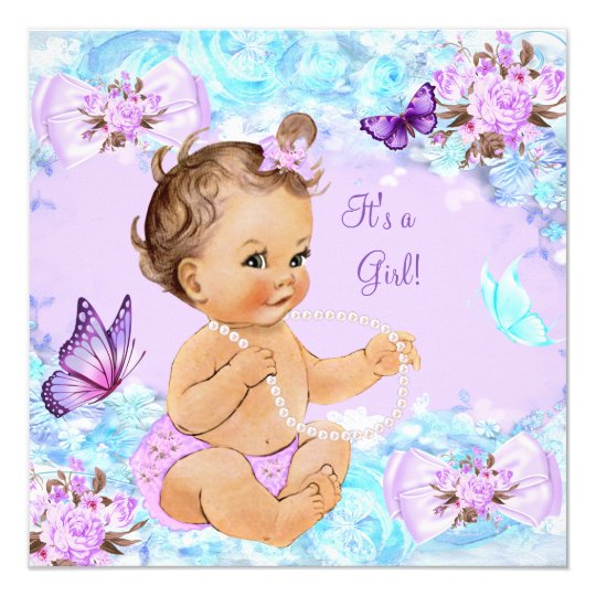 Girl Baby Shower Teal Purple Butterfly Brunette Card