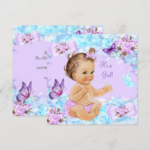 Girl Baby Shower Teal Purple Butterfly Brunette Invitation