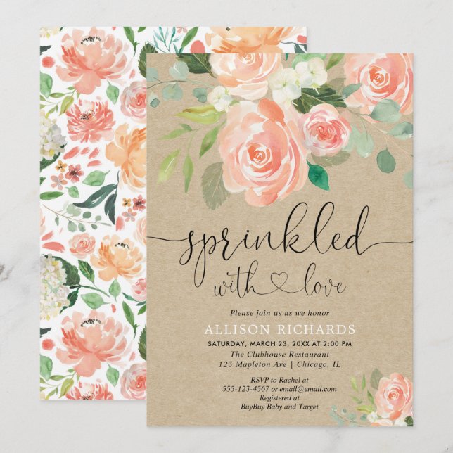 Girl baby sprinkle peach floral rustic kraft invitation (Front/Back)