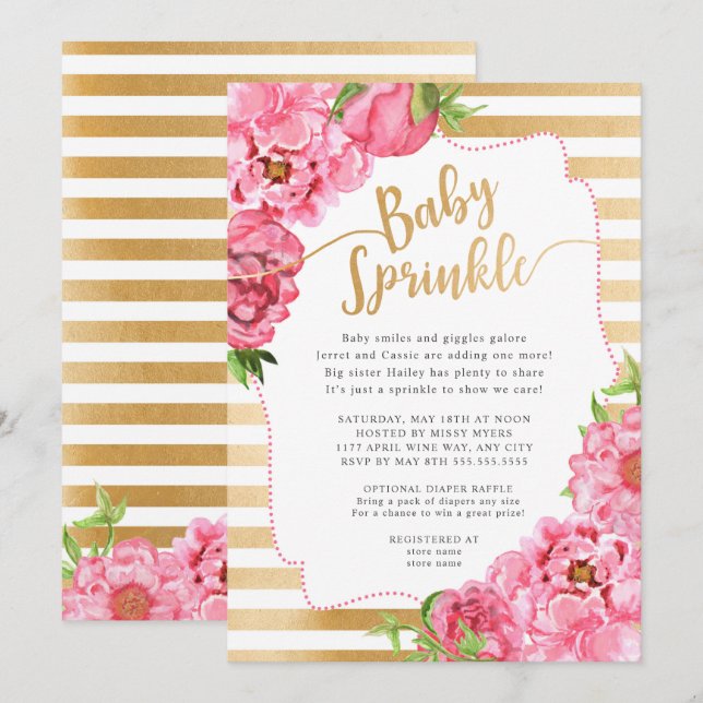 Girl Baby Sprinkle  |  pink gold peonies Invitation (Front/Back)