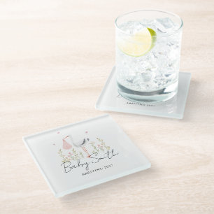 Girl Baby Water Colour Stork Announcement Year Glass Coaster