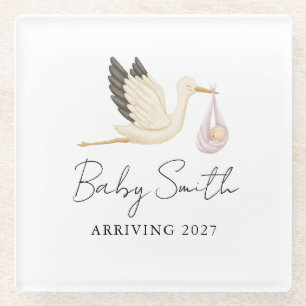 Girl Baby Water Colour Stork Announcement Year Glass Coaster