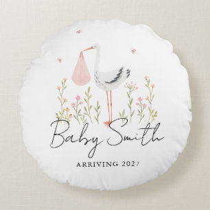 Girl Baby Water Colour Stork Announcement Year Round Pillow