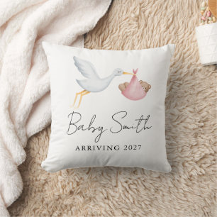 Girl Baby Water Colour Stork Announcement Year Throw Pillow