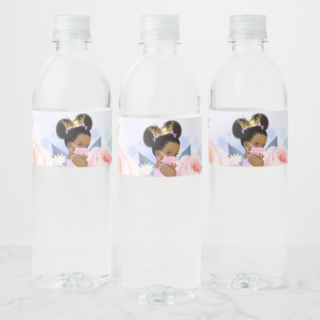 Girl Baby With Mask COVID Baby Shower Purple Pink Water Bottle Label (Bottles)