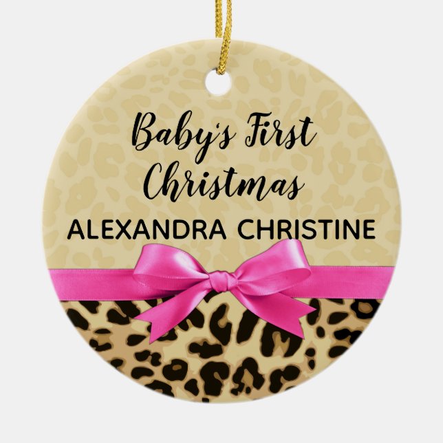 Girl Babys First Christmas Leopard Print Pink Bow Ceramic Ornament (Front)