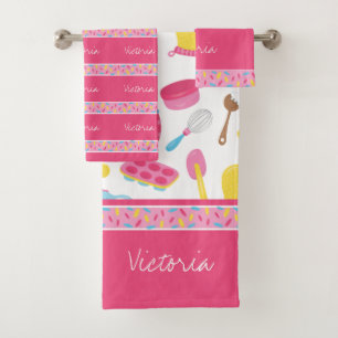 Girl Baker Pink Cooking Pattern Chef Kid Bathroom Bath Towel Set