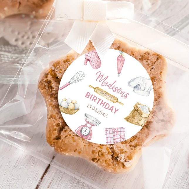 Girl Baking Cooking 1st Birthday Party Classic Round Sticker (Creator Uploaded)