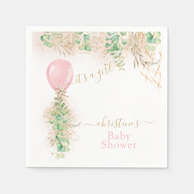 Girl Balloon Eucalyptus Gold Glitter Baby Shower Napkin (Front)