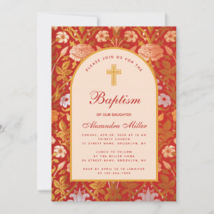 Girl Baptism Arch Floral Rose Lily Elegant Script Invitation