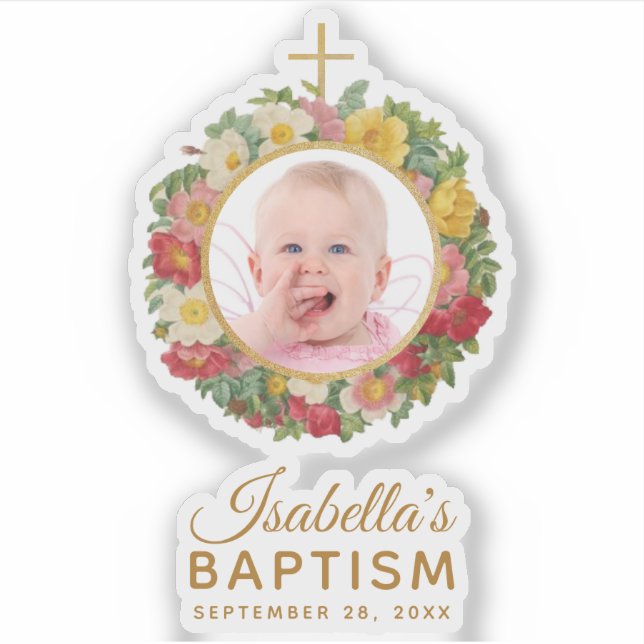 Girl Baptism Baby Photo Rose Wreath Cross Script (Front)