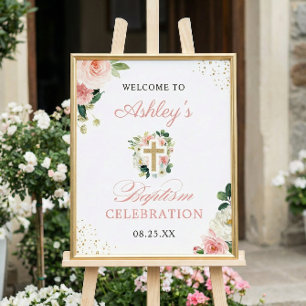 Girl Baptism Blush Pink Floral Gold Cross Sign